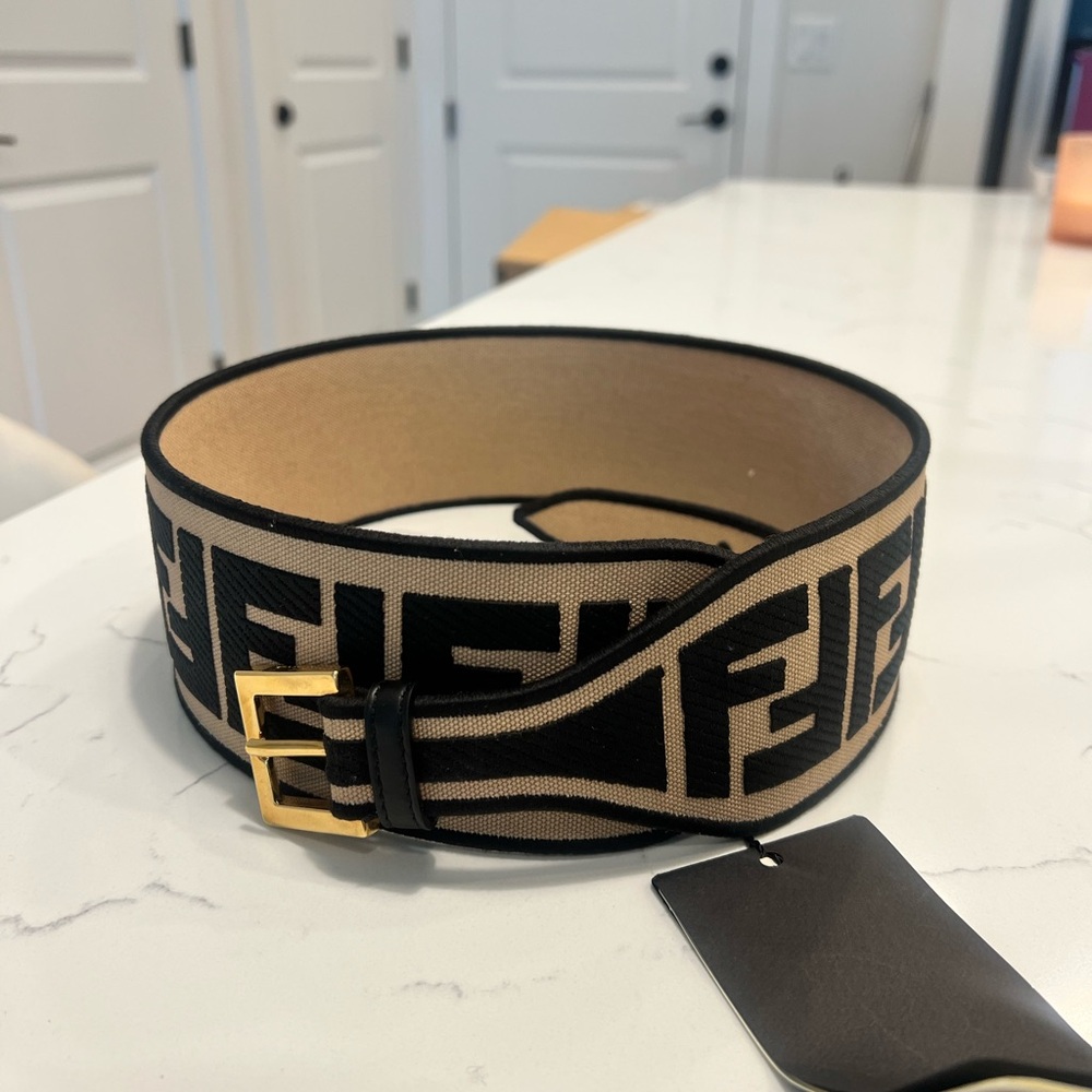 Fendi Black and Tan Canvas Belt with Gold Accents